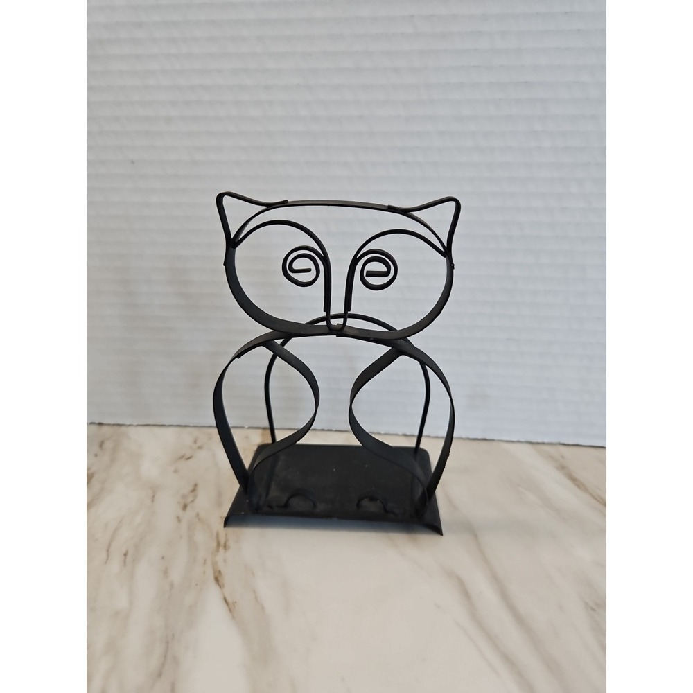 Vtg Matte Black Metal Owl Scroll  Napkin Letter Holder Decor